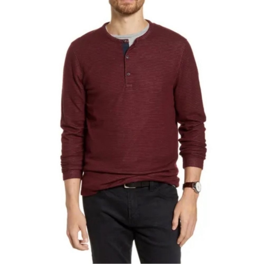 NWT Men's Nordstrom 1901 burgundy soft striped long sleeve henley Large‎
